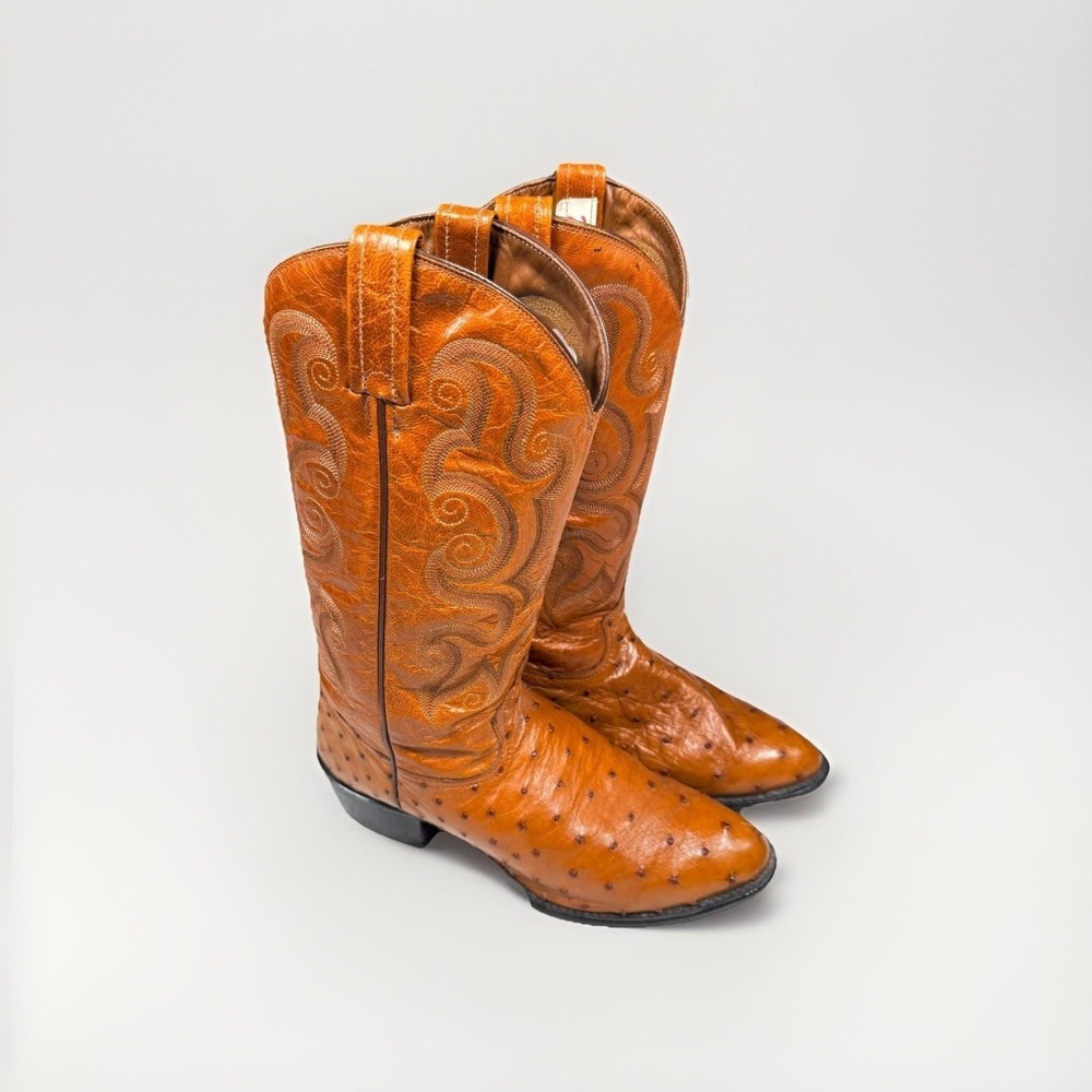 Vintage Tony Lama Full Quill Ostrich Western Boots Mens 9D Pull On Cowboy Exotic